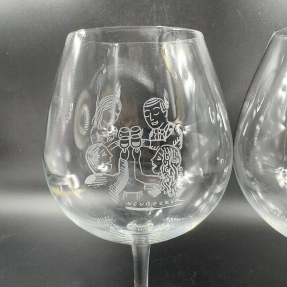 Robert Neubecker Flemings Signature Clear‎ Wine Glasses Cup Etched Barware Set 2